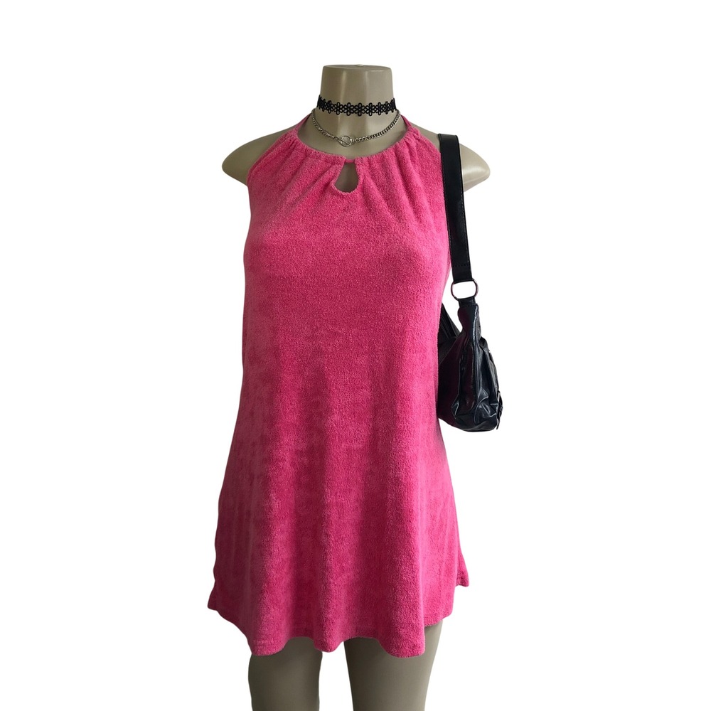 Vintage 70s 80s Hot Pink Terry Cloth Keyhole Halter Mini Dress M Beach Towel